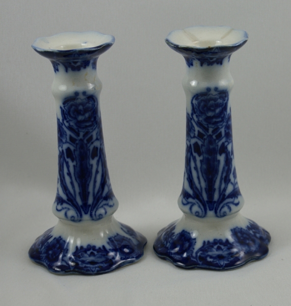 Flow Blue China Pair Candle Sticks