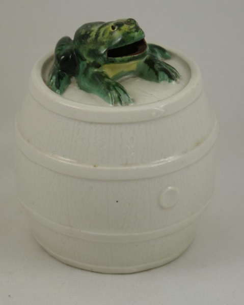 Frog on Barrel Pottery Still Bank