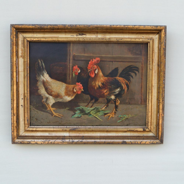 Antique Rooster & Hen Oil Painting