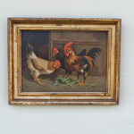 Click to view Antique Rooster & Hen Oil Painting photos