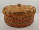 Click to view Antique Folk Art Woven Sewing Basket  photos