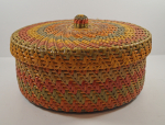 Click to view Antique Folk Art Woven Sewing Basket  photos